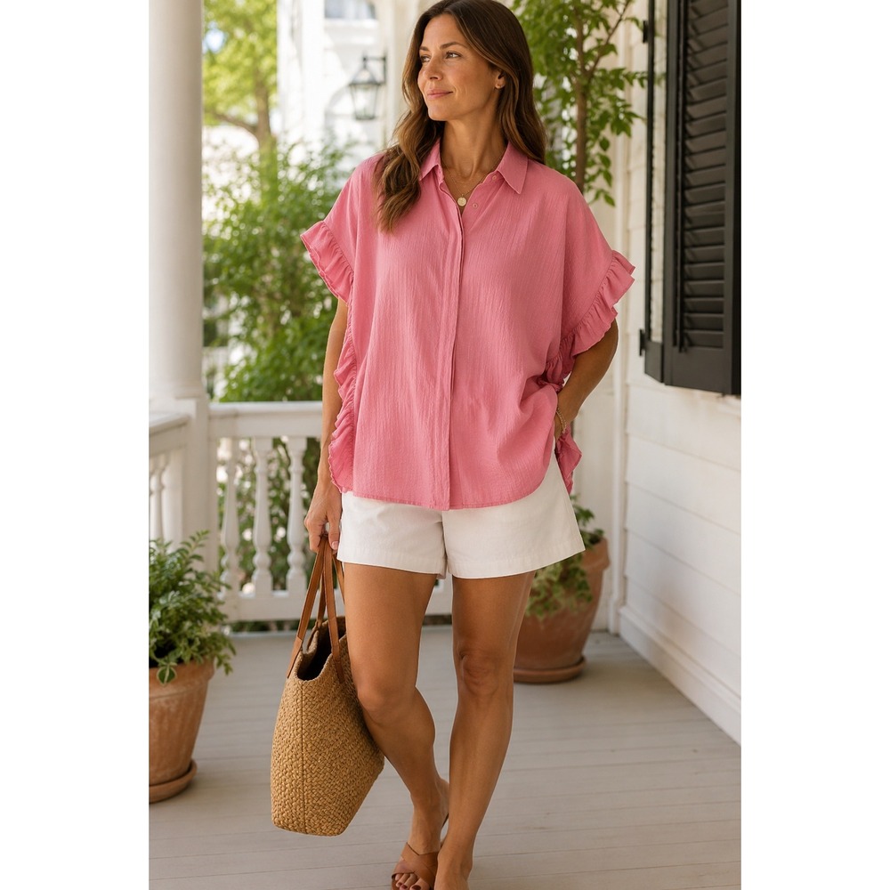 NWT Harshman Darcy Rose Pink Seersucker‎ Cotton Linen Ruffle Shirt Top L